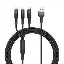 3-in-1 Nylon Strong Charge and Sync USB Cable 2.4A [3 FT] (Black) 